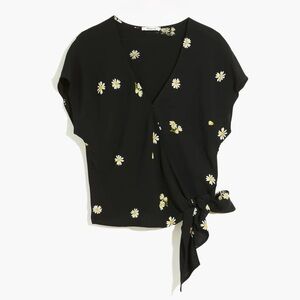Madewell Wrap Top Sash-Tie Lazy Daisies Womens SZ Small Black Coquette Cropped